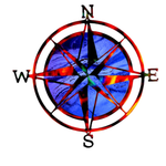 Compass rose, red and black, with a blue and orange watery background. North, South, East, and West are labeled.