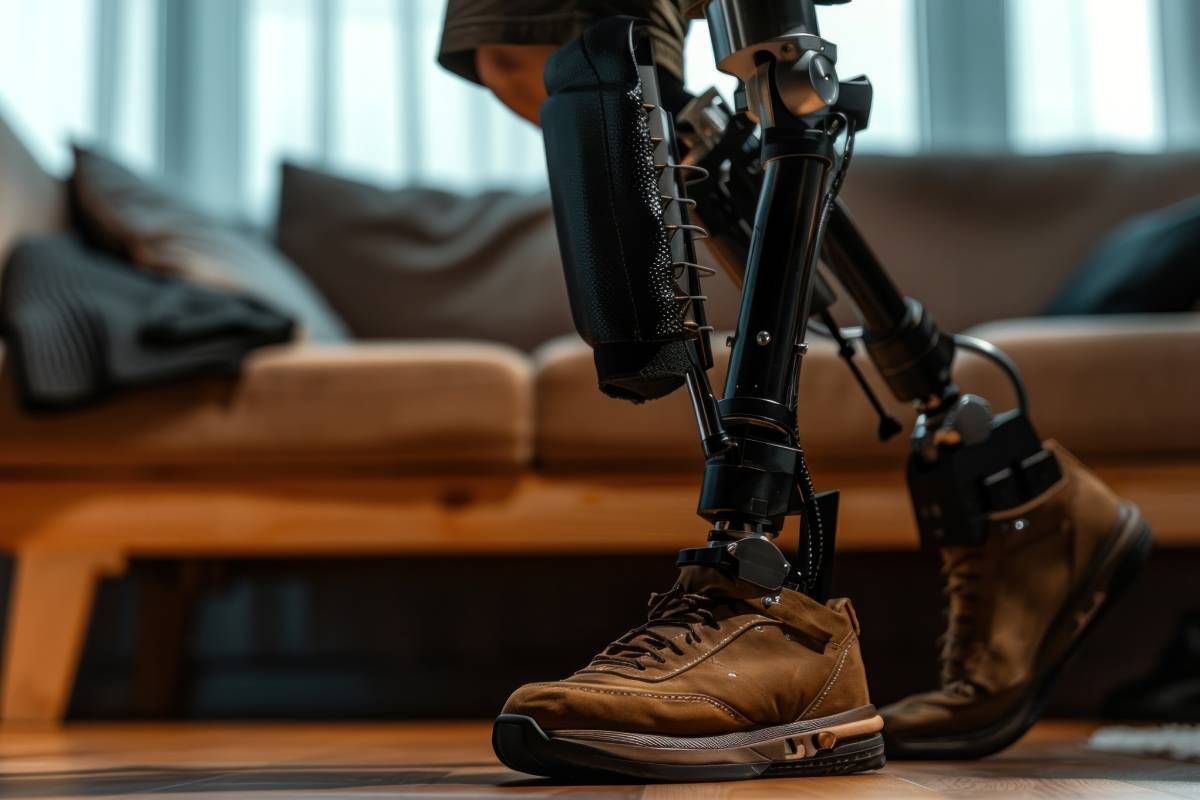 Close-up of a man with a bionic prosthetic leg near Edgewood, KY