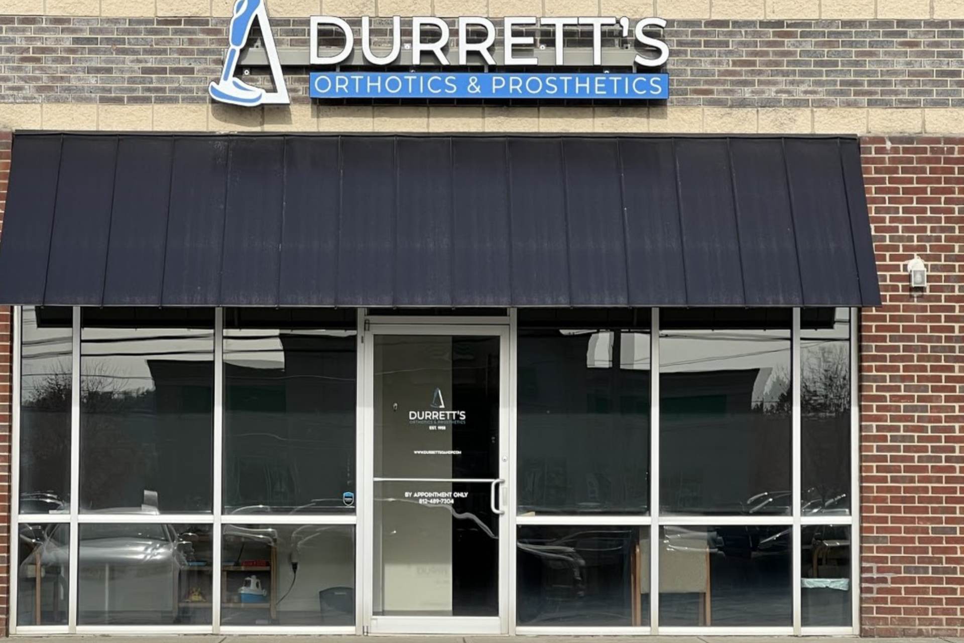 Photograph of storefront location of Durrett’s Orthotics and Prosthetics office near Lawrenceburg, Indiana (IN)