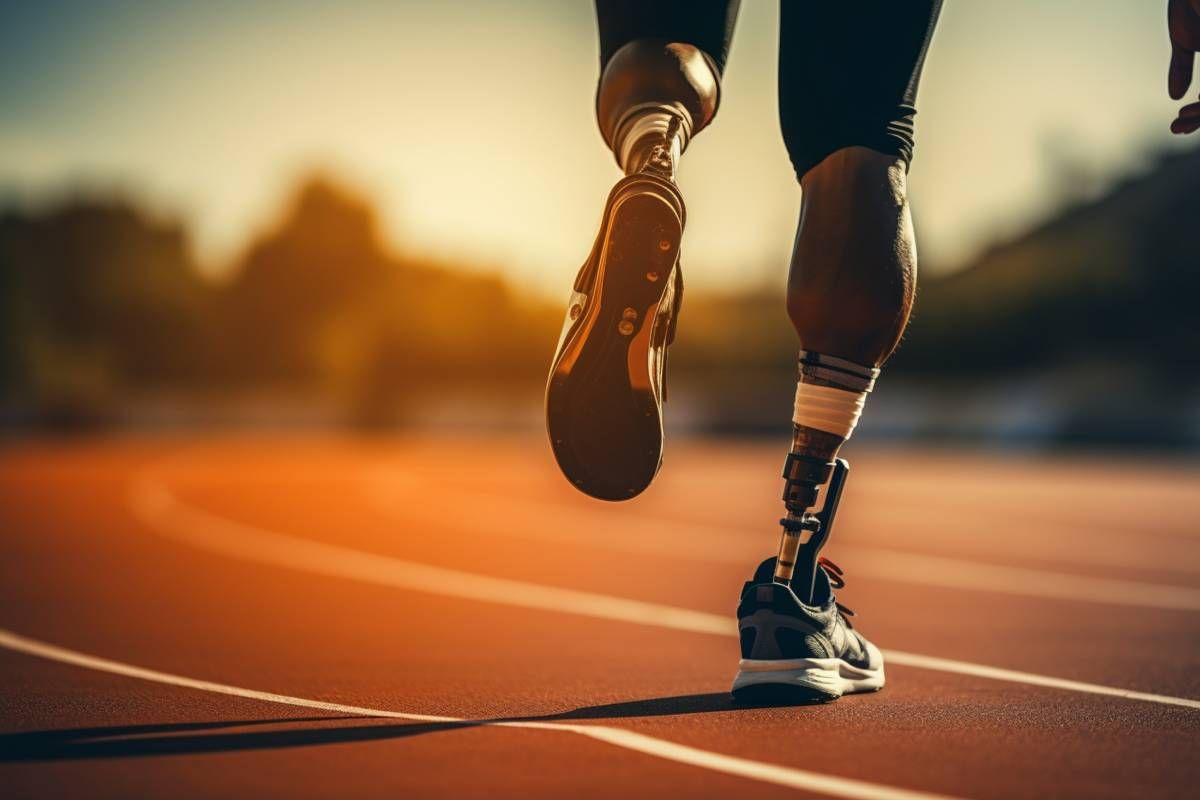 Man with a prosthetic leg below the knee on a track near Edgewood, KY, and Lawrenceburg, IN