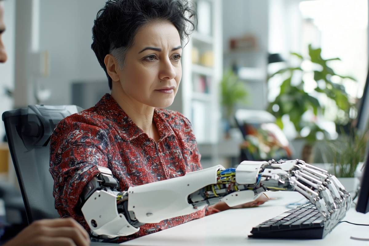 Woman with robotic prosthetic arm working in an office at Durrett’s Orthotics & Prosthetics near Edgewood, KY, and Lawrenceburg, IN