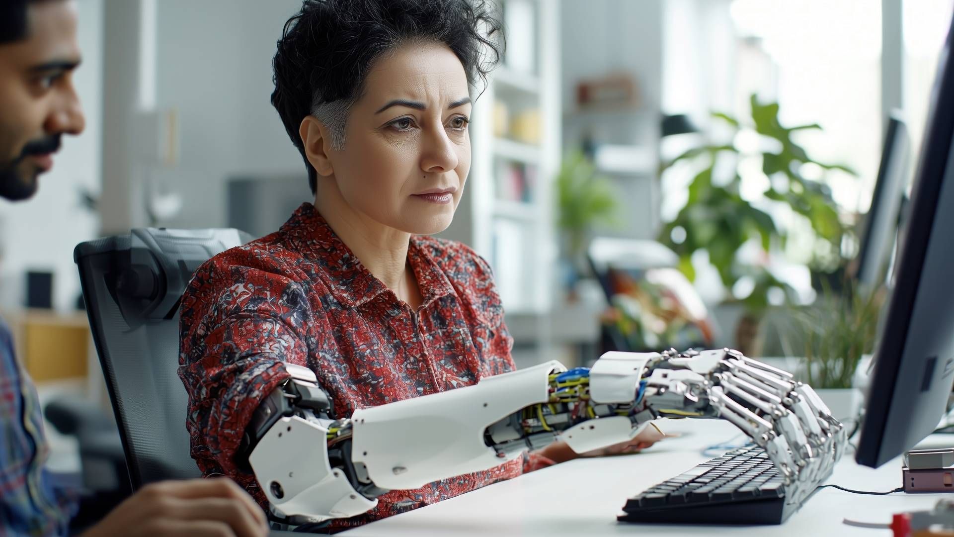 Woman with robotic prosthetic arm working in an office at Durrett’s Orthotics & Prosthetics near Edg