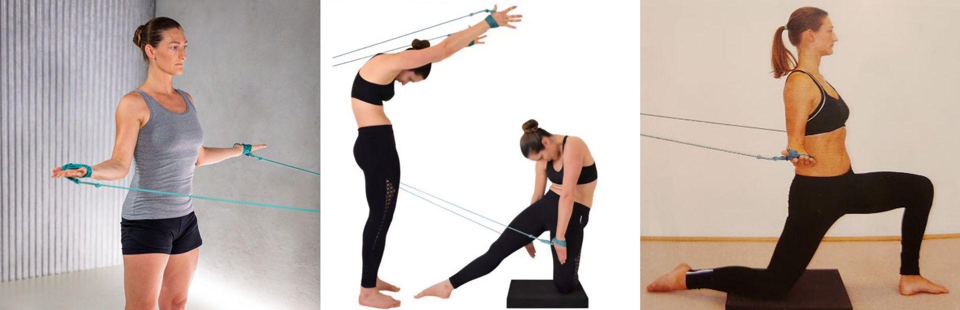 Eine Frau macht in einem Fitnessraum Ausfallschritte mit einem Widerstandsband.