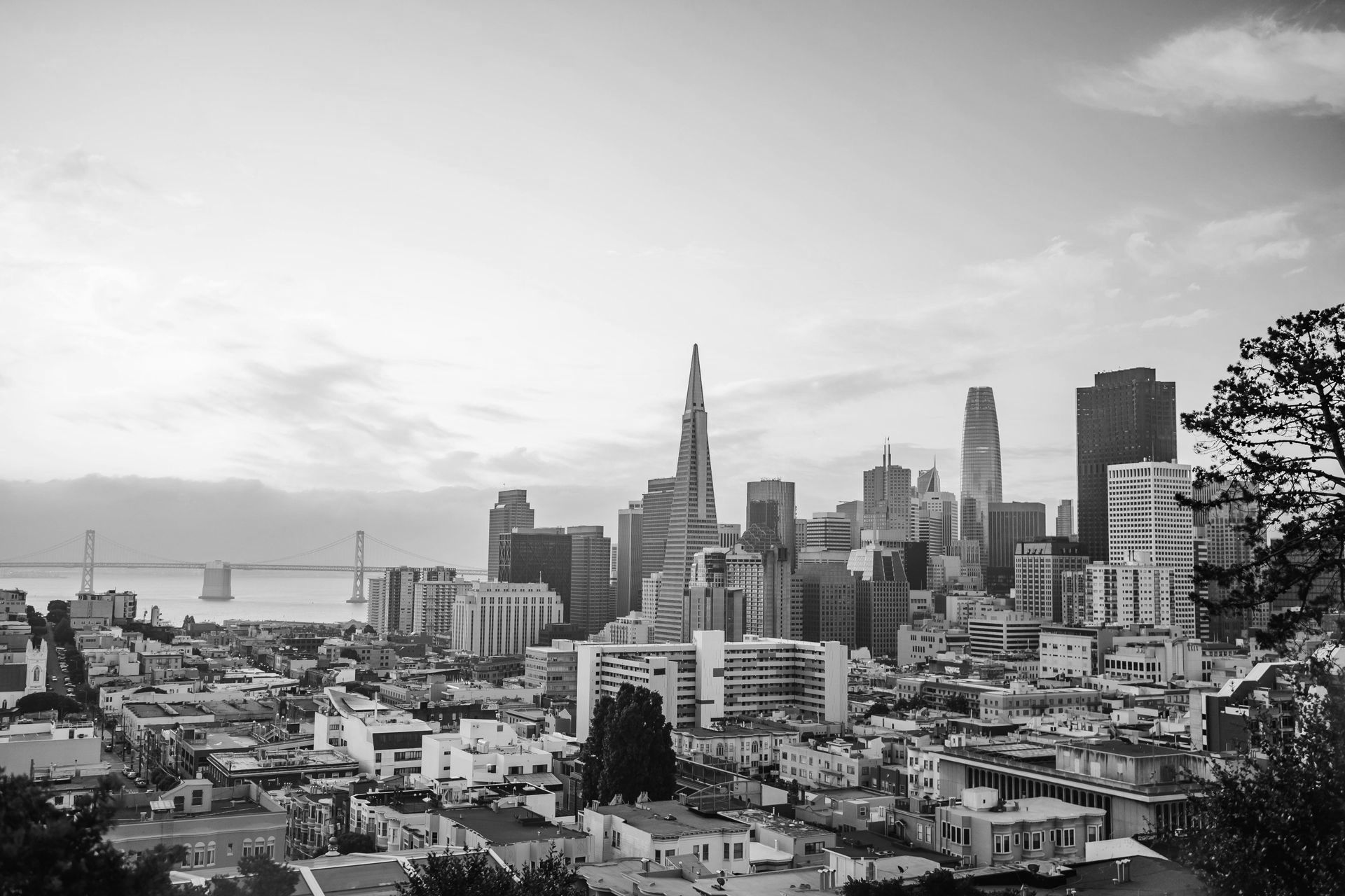 A black and white photo of a city skyline