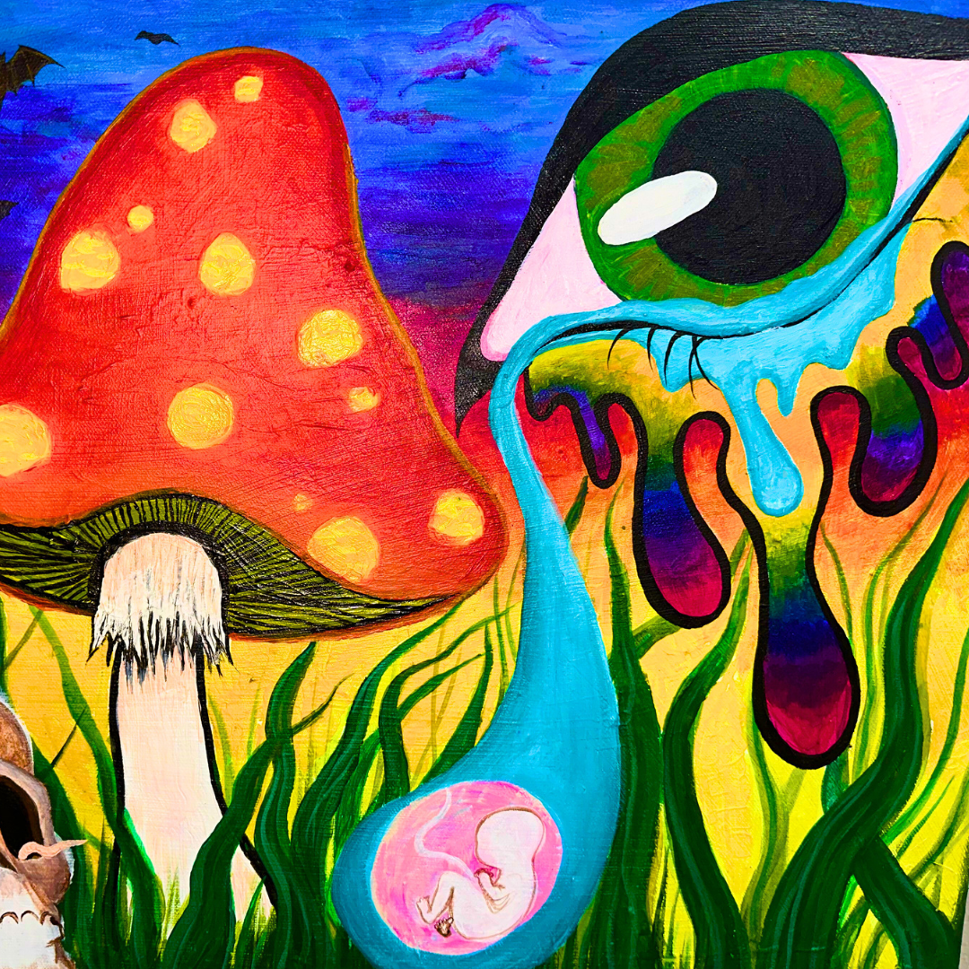 A painting of a mushroom with a baby inside a teardrop.