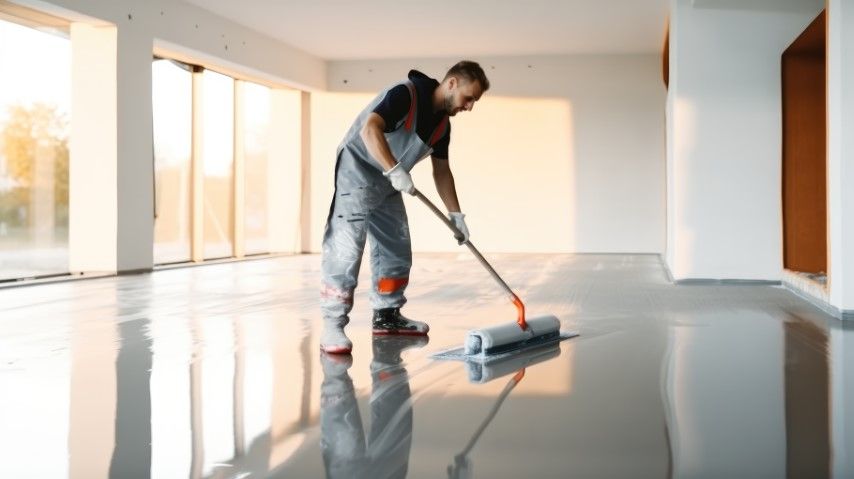 A man is painting a floor with a roller.