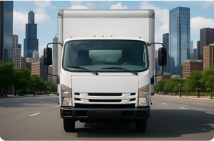 A white moving truck is driving down a city street.
