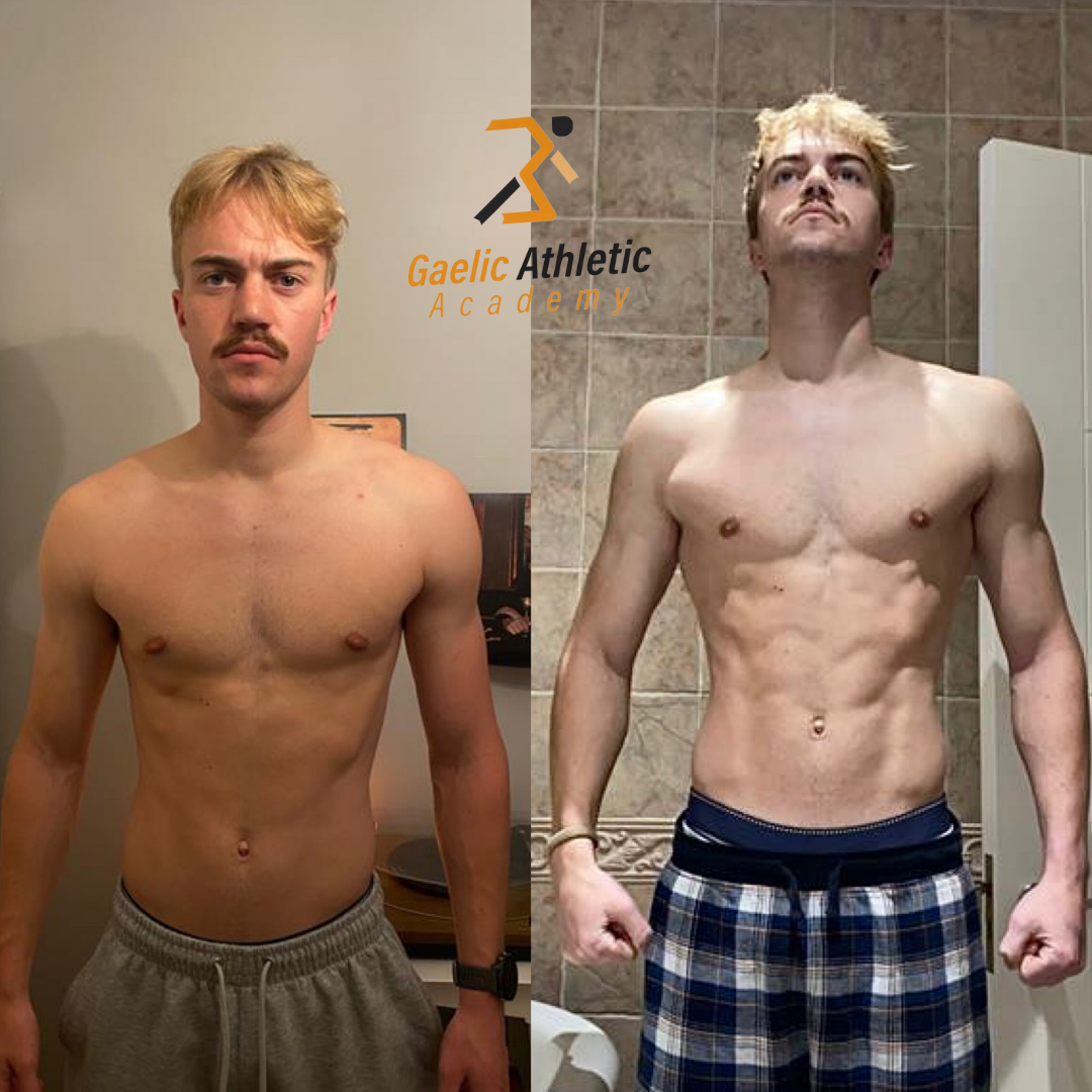 A man without a shirt is standing next to a shirtless man in plaid shorts.