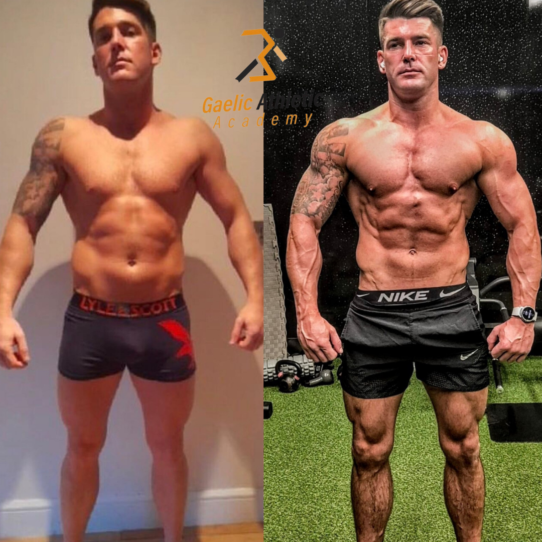 A shirtless man is standing next to a shirtless man in shorts.