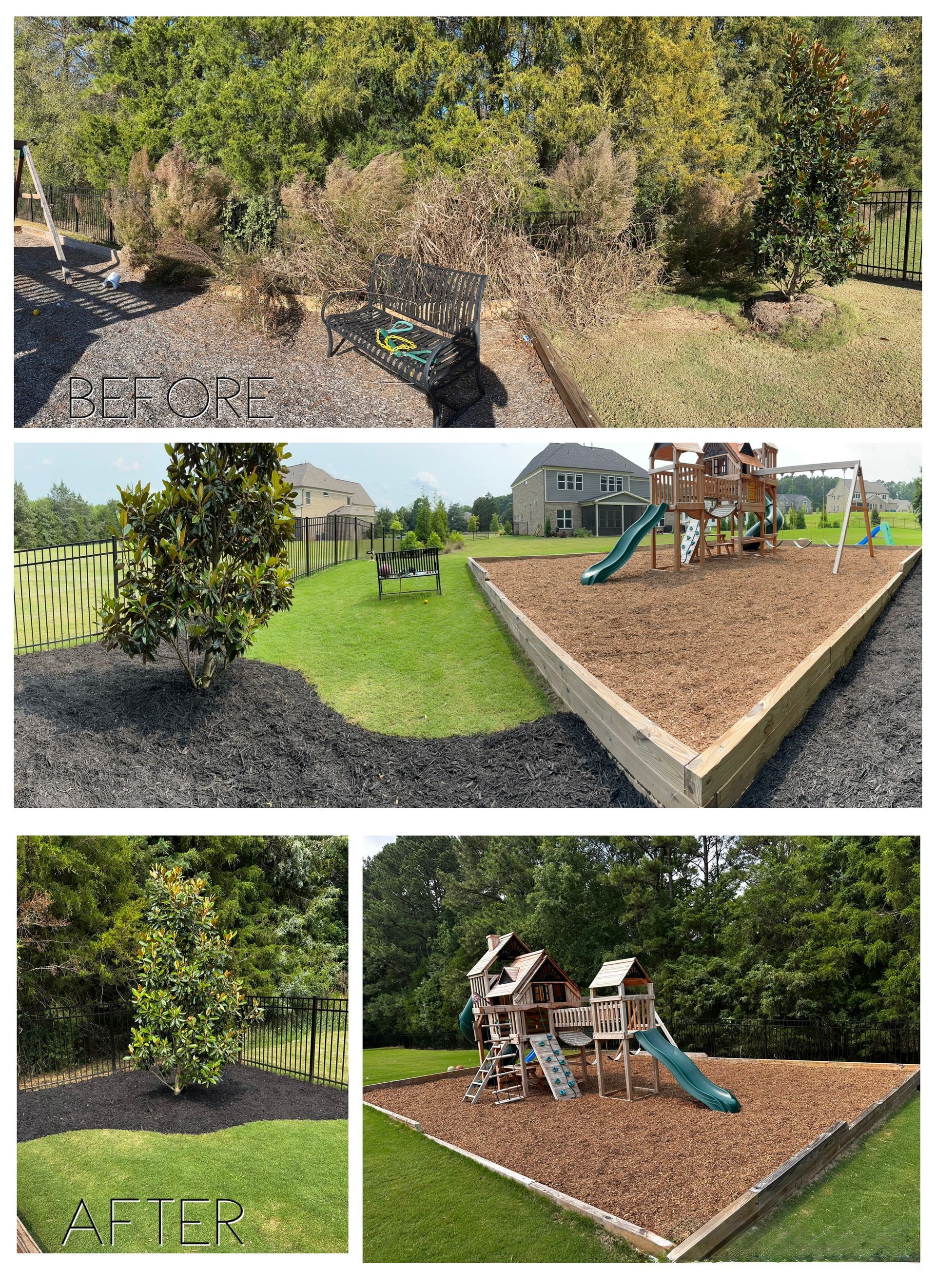 Landscaping with wood mulch, shrubs, a playground, and grassy areas.