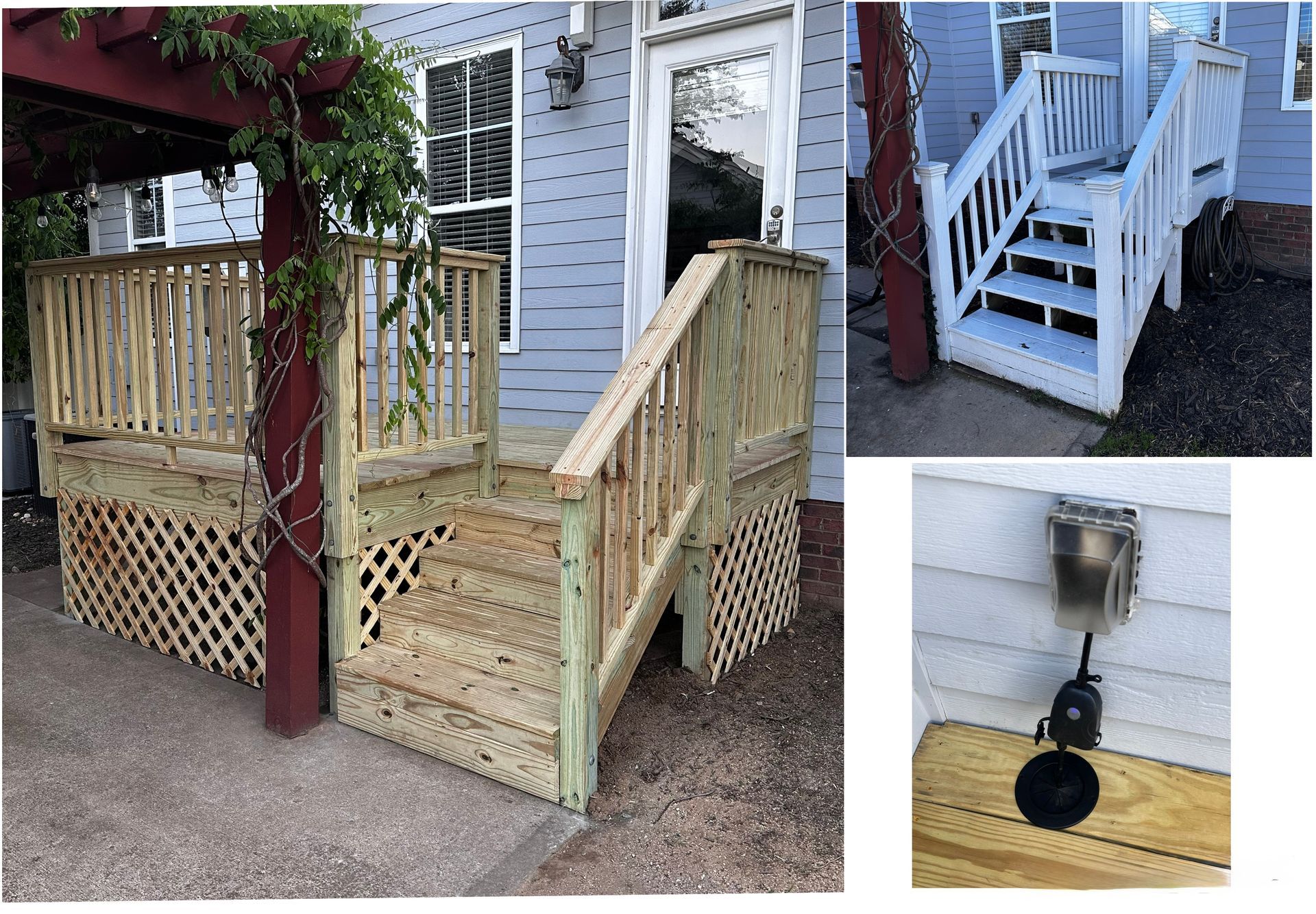 Wooden deck with stairs, lattice details, and electrical outlet; a second set of painted white stairs is shown separately.