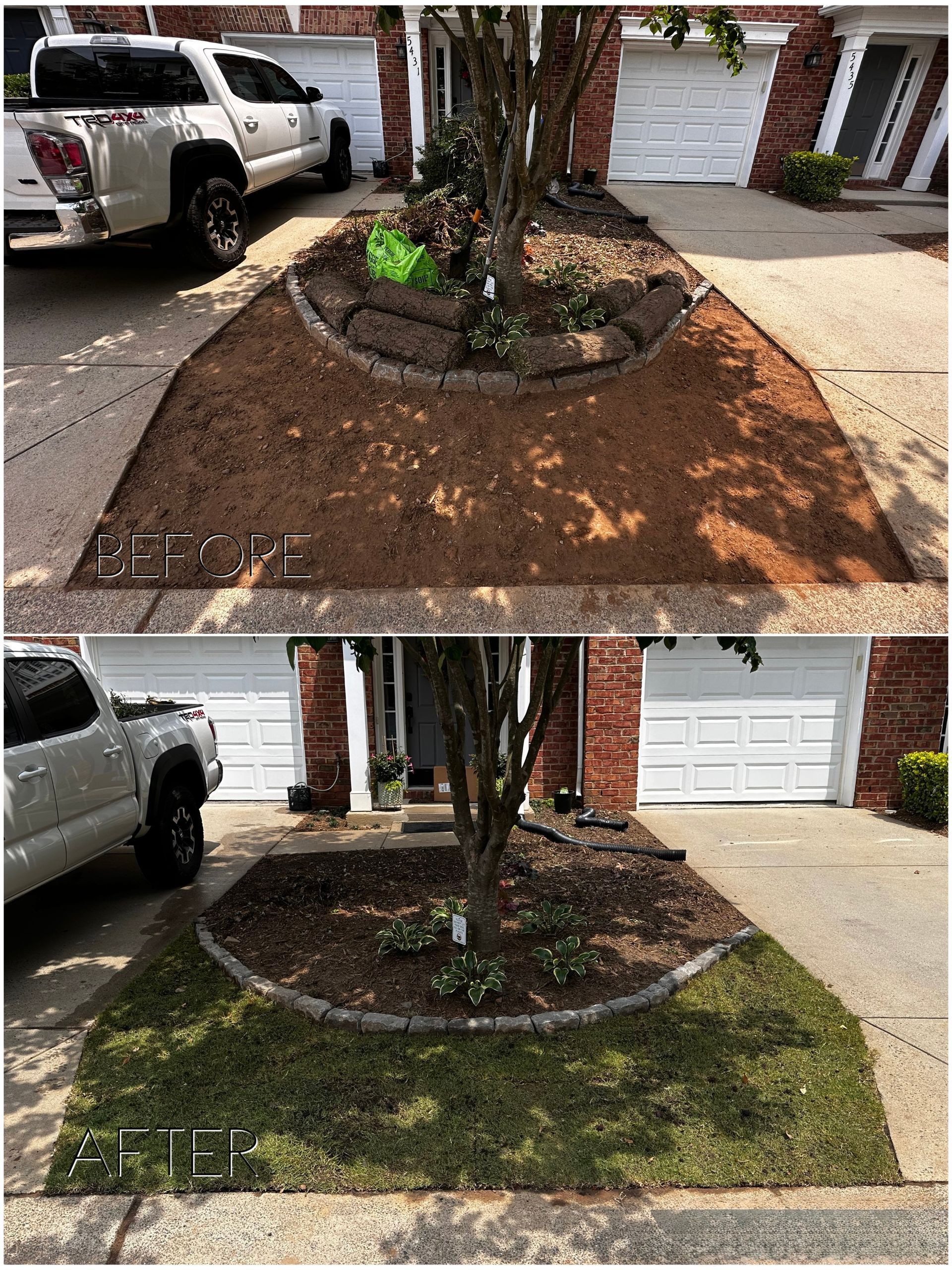 Before and after of driveway with tree, flower bed, and grass.