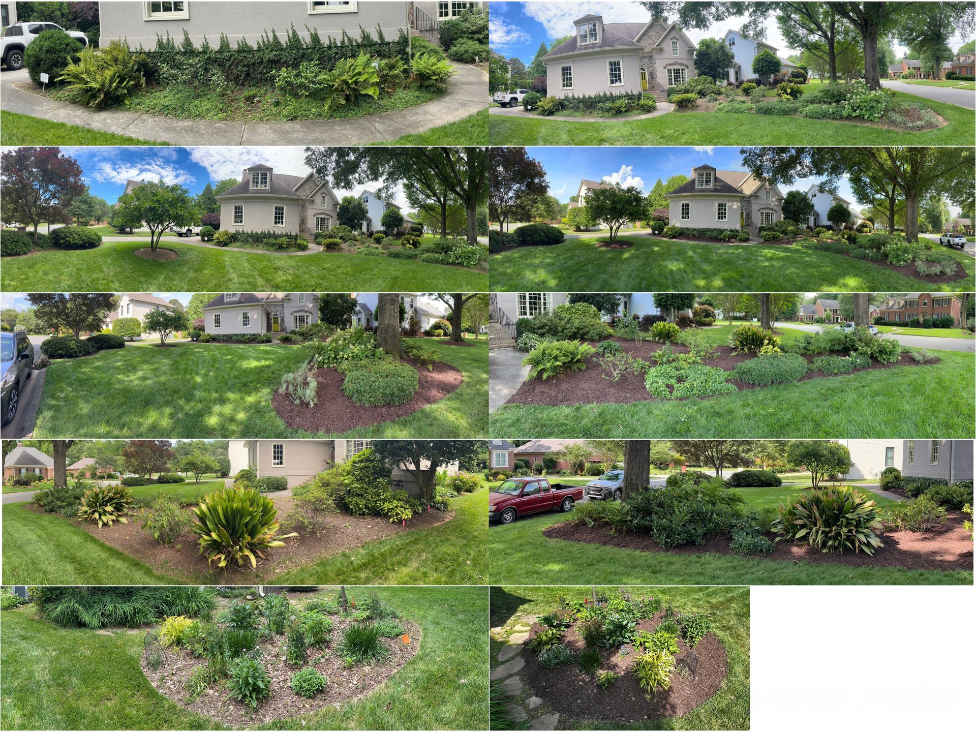 Composite of landscaped yards, featuring a white house, various bushes, and colorful flowers under blue sky.
