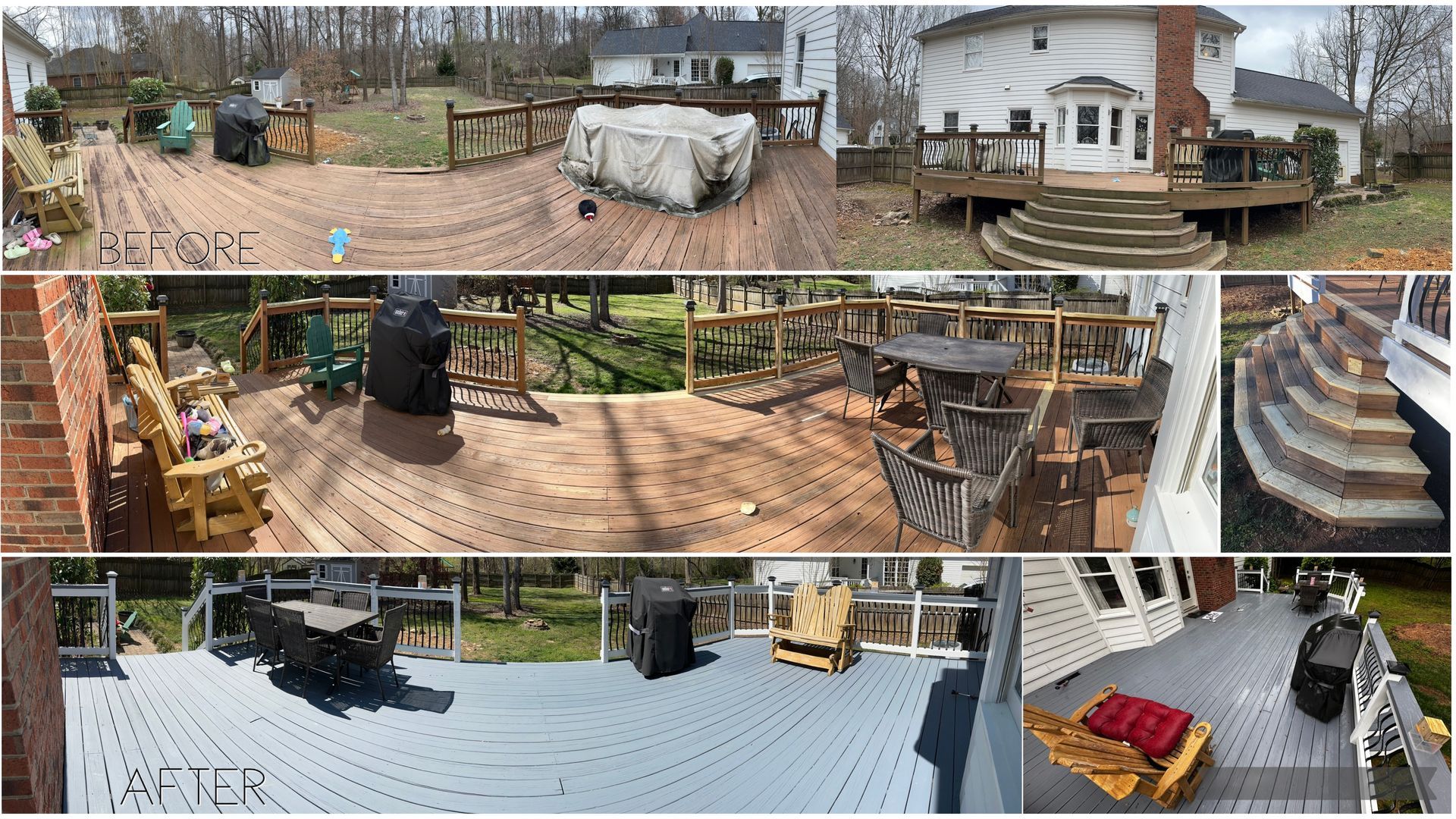 Three-row panoramic of a deck: before, during, and after. Deck furniture, hot tub, and house with stairs.