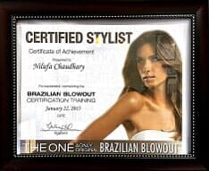 Certificate of Achievement for Brazilian Blowout Training - Beauty Salon in Mountain View, CA