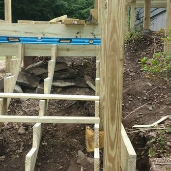 A blue level is sitting on top of a wooden structure.