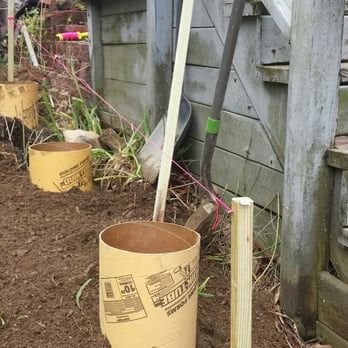 A shovel is sitting next to a bucket in the dirt.
