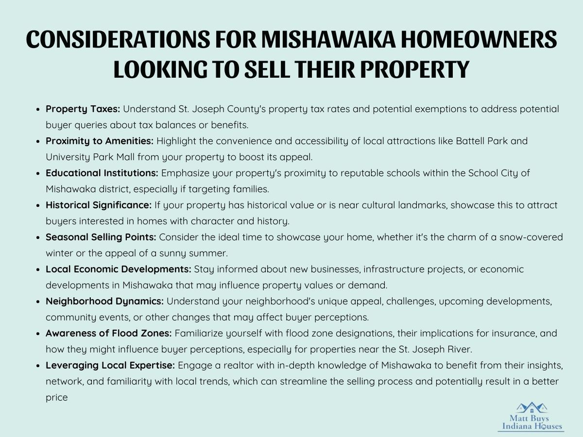 infographic illustration on considerations for Mishawaka Homeowners looking to sell their property