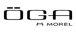 Logo for ÖGA MOREL: black text with an umlaut over the O and a stylized cat.