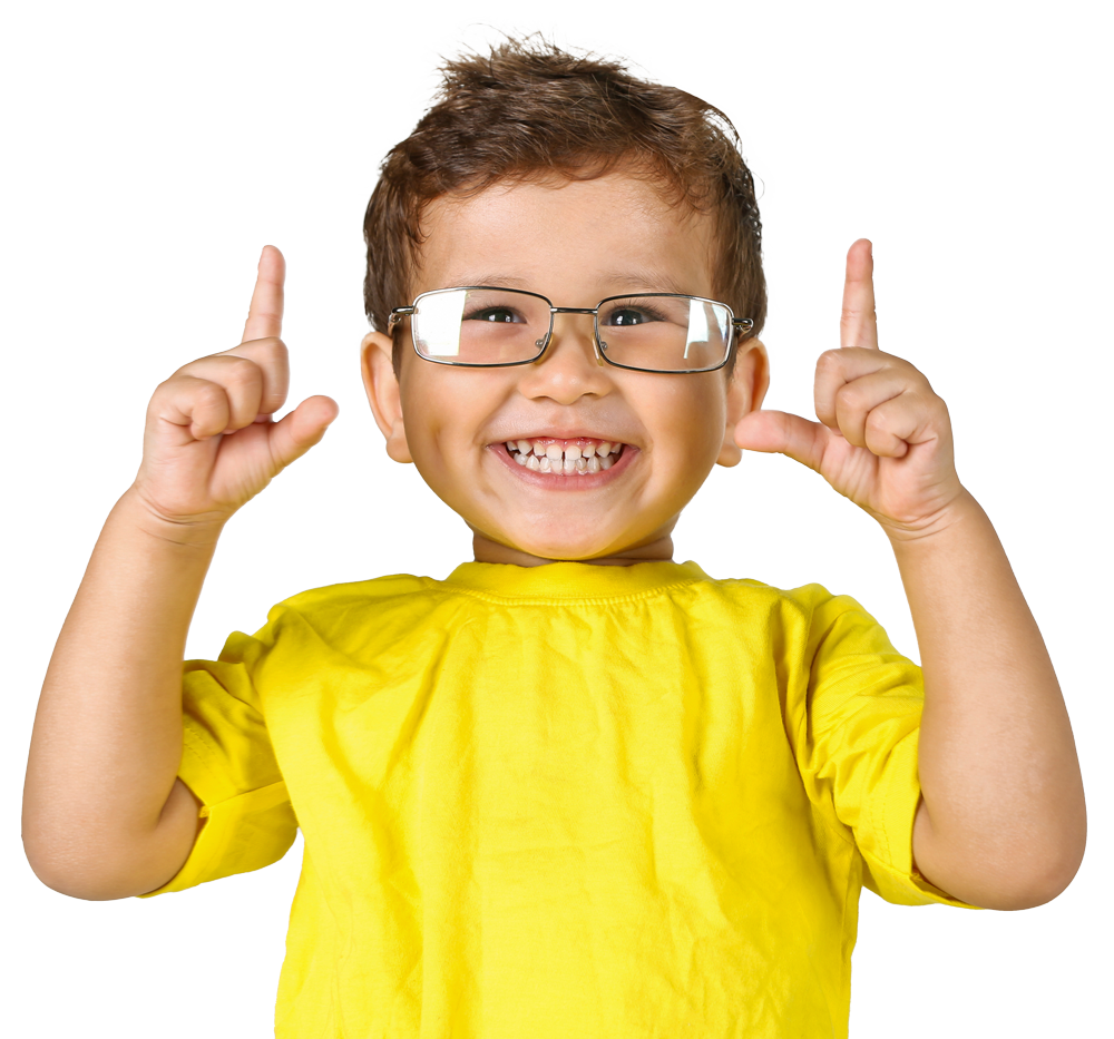 Smiling child with glasses wearing a yellow shirt, pointing upwards.