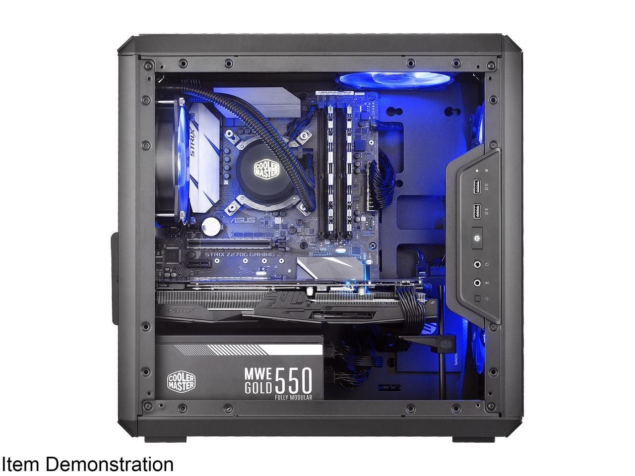 A computer case with a motherboard and graphics card inside of it.