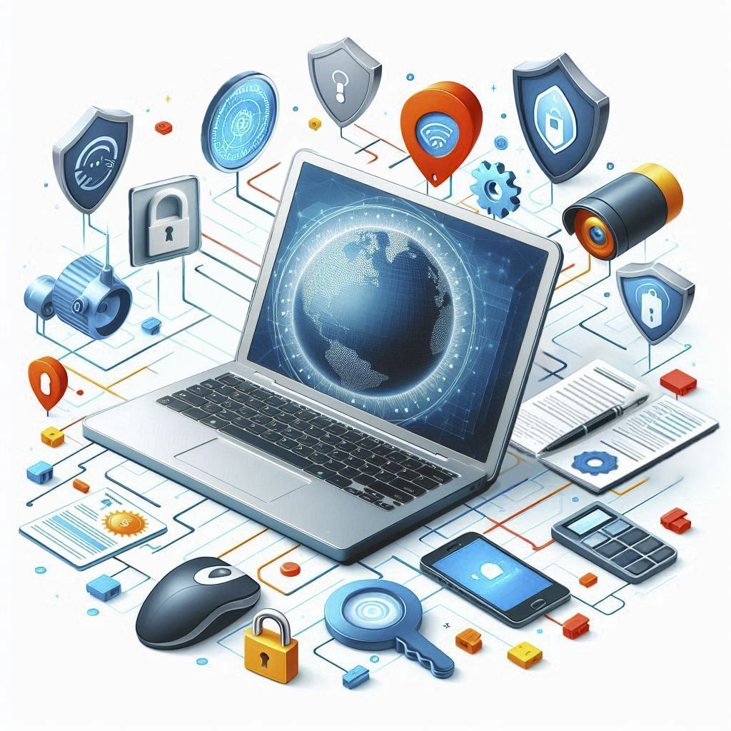 A laptop computer is surrounded by various electronic devices and icons.