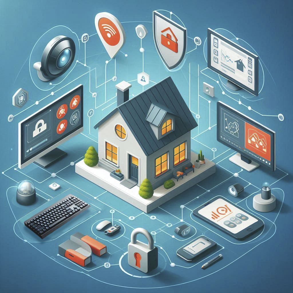 An isometric illustration of a smart home surrounded by electronic devices.