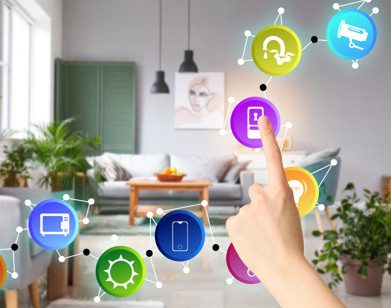 A person is pressing a button on a screen in a living room.