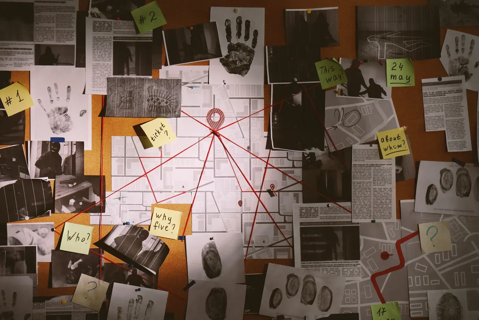 Detective's corkboard with photos, notes, and red string connecting evidence in a crime investigation.
