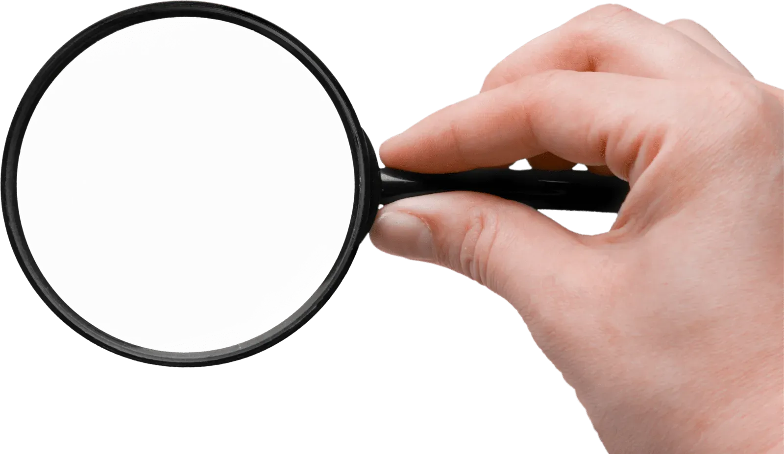A hand is holding a magnifying glass in front of a white background