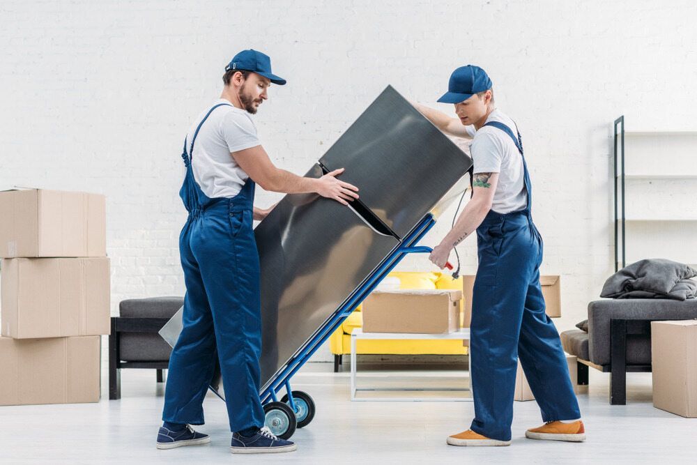 Two Men Are Carrying A Refrigerator On A Dolly In A Living Room — Local & Country Removals in Gold Coast, QLD