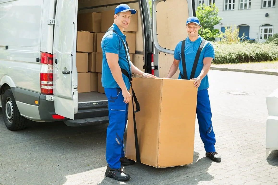 Two Movers Are Carrying A Large Cardboard Box Out Of A Van — Local & Country Removals in Helensvale, QLD