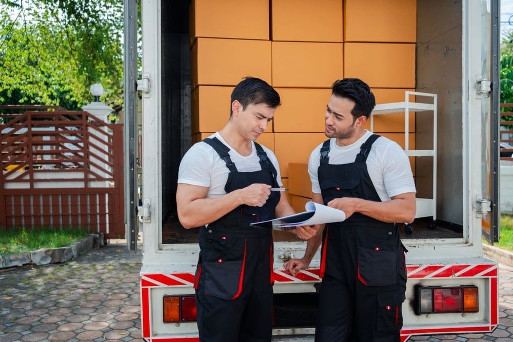 Two Men Are Standing In Front Of A Truck Filled With Boxes — Local & Country Removals in Grafton, NSW