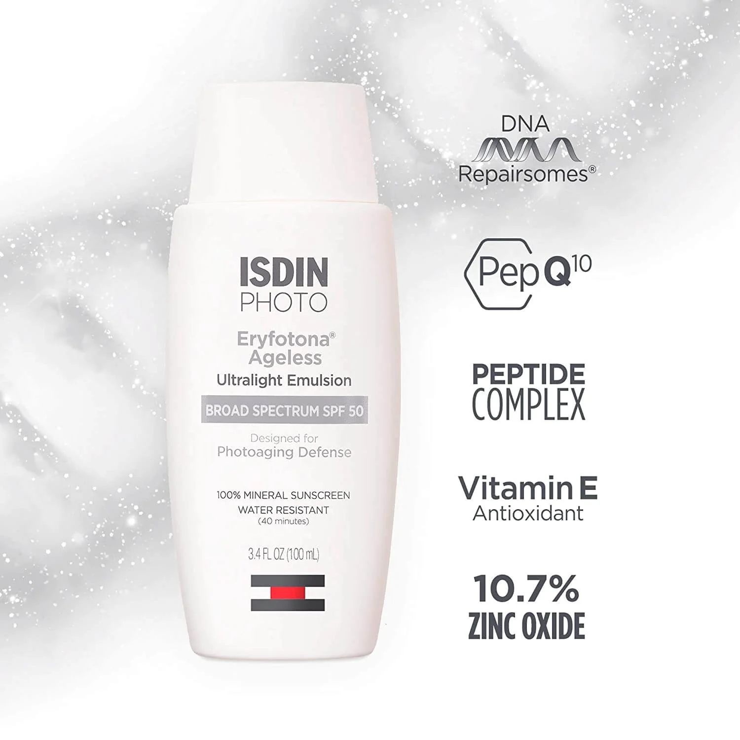 ISDIN eryfotona ageless SPF 50 sunscreen bottle.