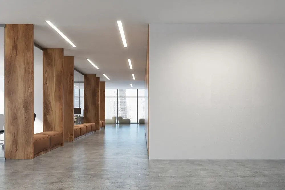 Modern Office Hallway With Wood Pillars and a White Wall on the Right — George Pappas Painting In Buderim, QLD