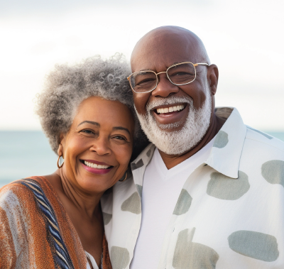 Smiling couple in front of the ocean. The man has a white beard and glasses. The woman has gray, curly hair.