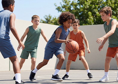 Children playing basketball on an outdoor court; a player dribbles the ball.