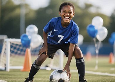 Soccer player in blue jersey smiles, holding ball on field with balloons and goal in background.