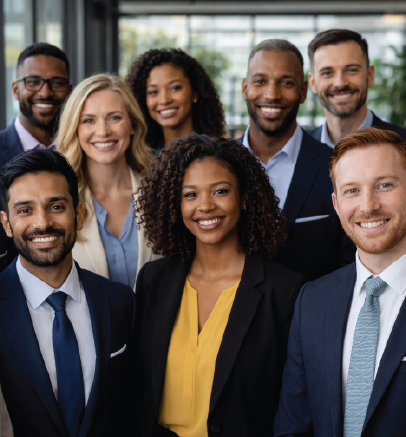 Group of diverse business professionals smiling, in office setting, wearing suits.