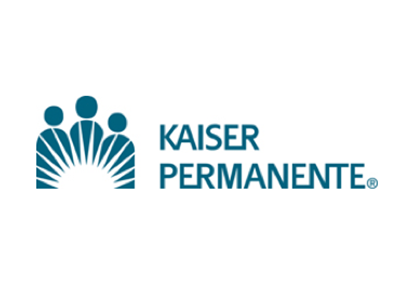 Kaiser Permanente logo: three silhouetted figures with sun rays, teal on white background.