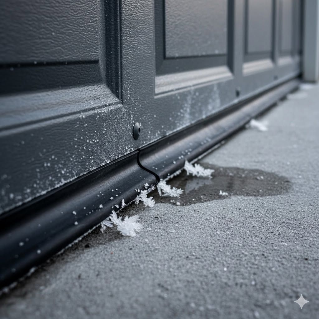 Black garage door with snow piled along the base and wet pavement in front