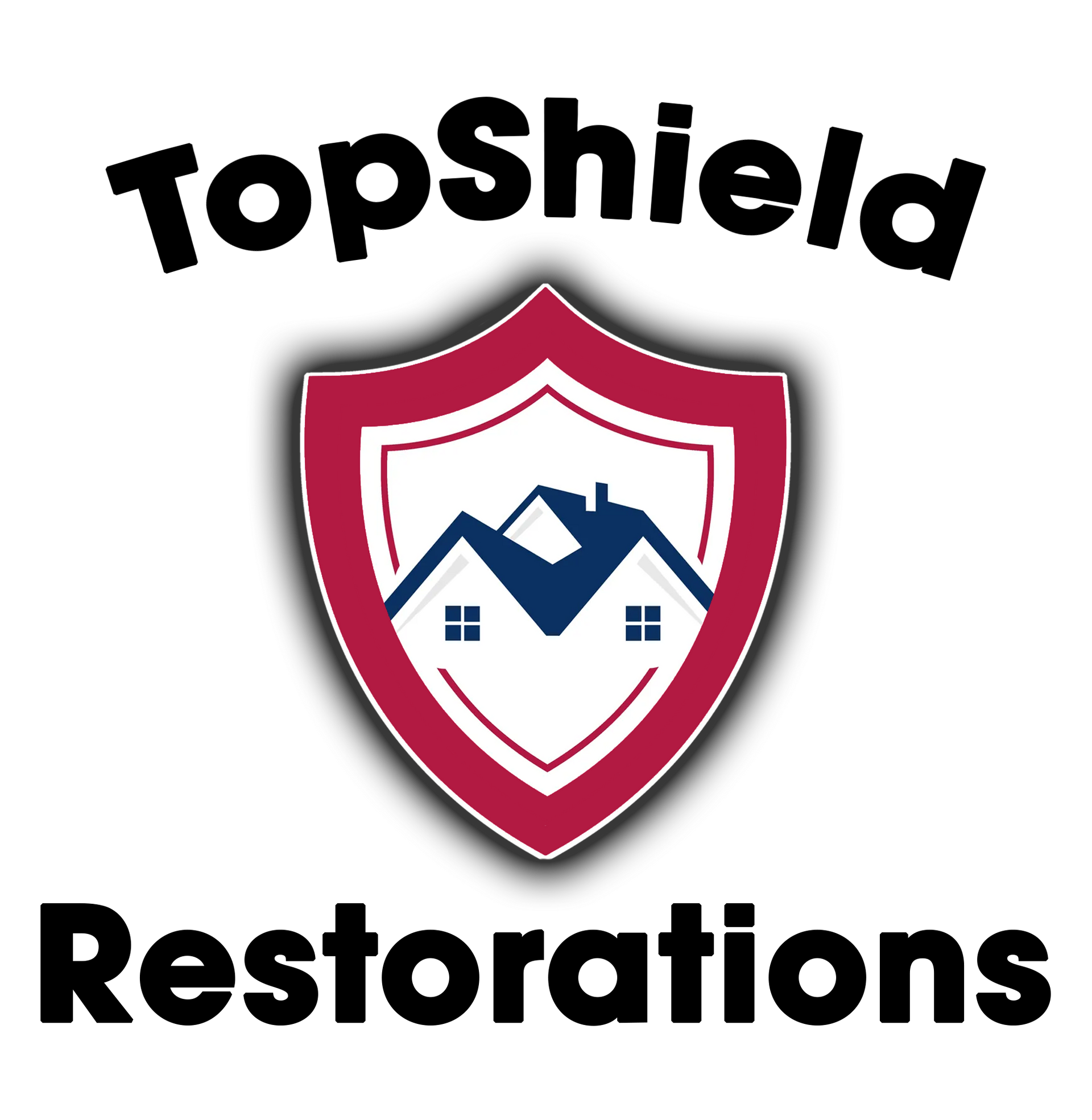 The logo for topshield restorations shows a shield with a house on it.
