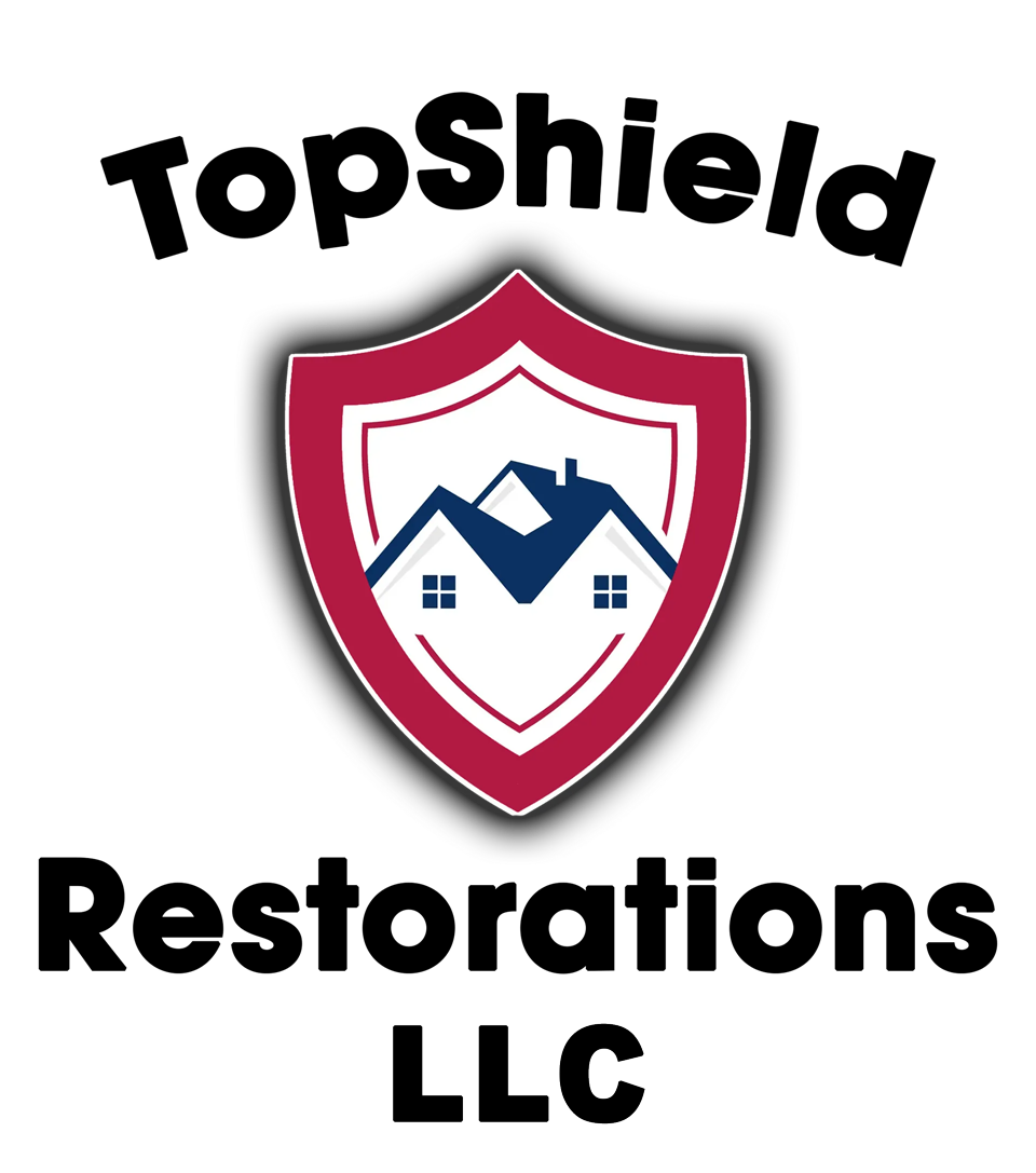 The logo for topshield restorations shows a shield with a house on it.