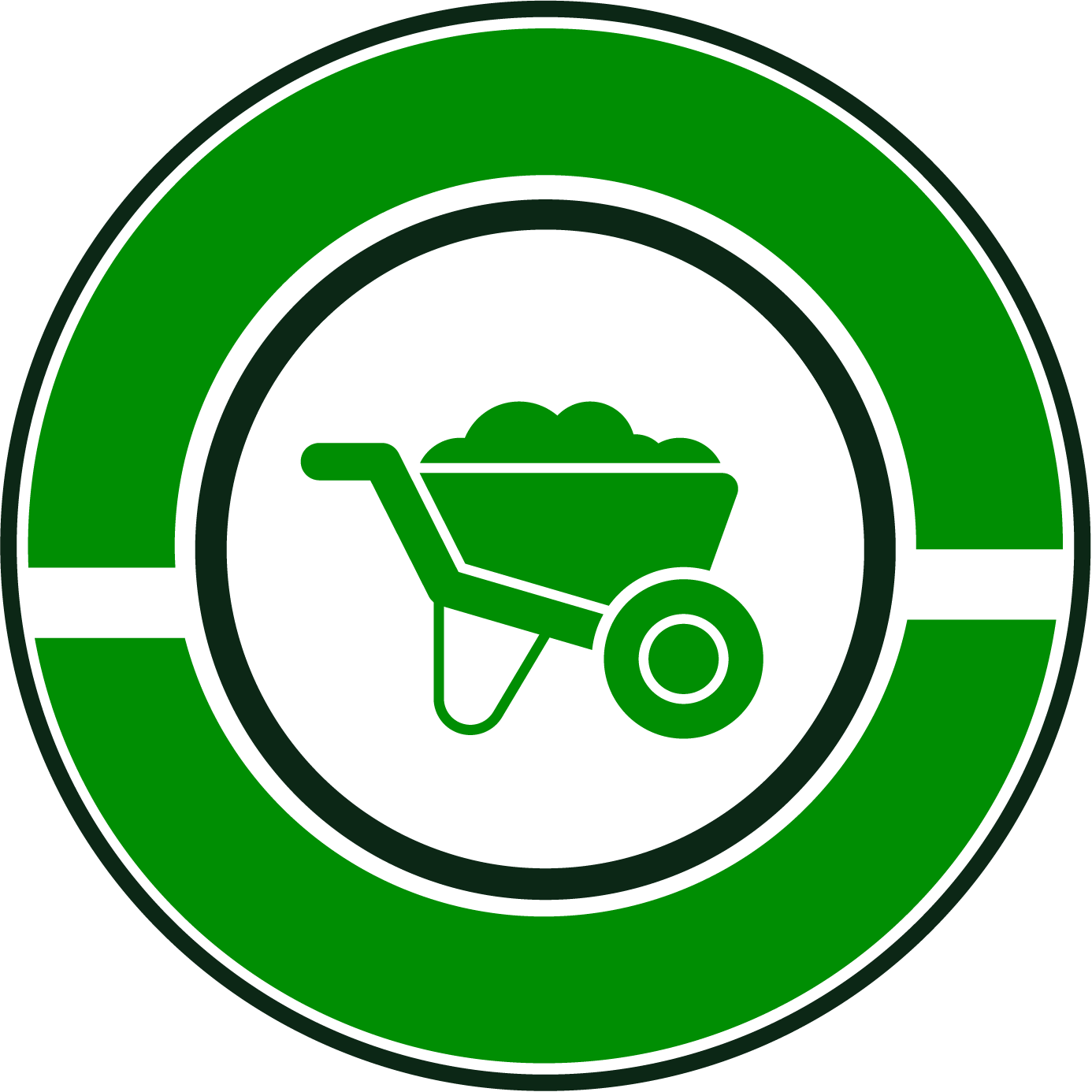 A green wheelbarrow filled with mulch is in a green circle.