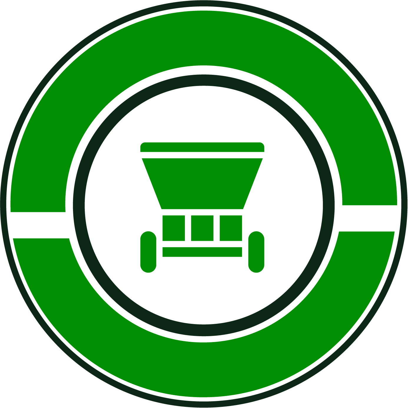 A green and white circle with a lawn fertilizer spreader inside of it.