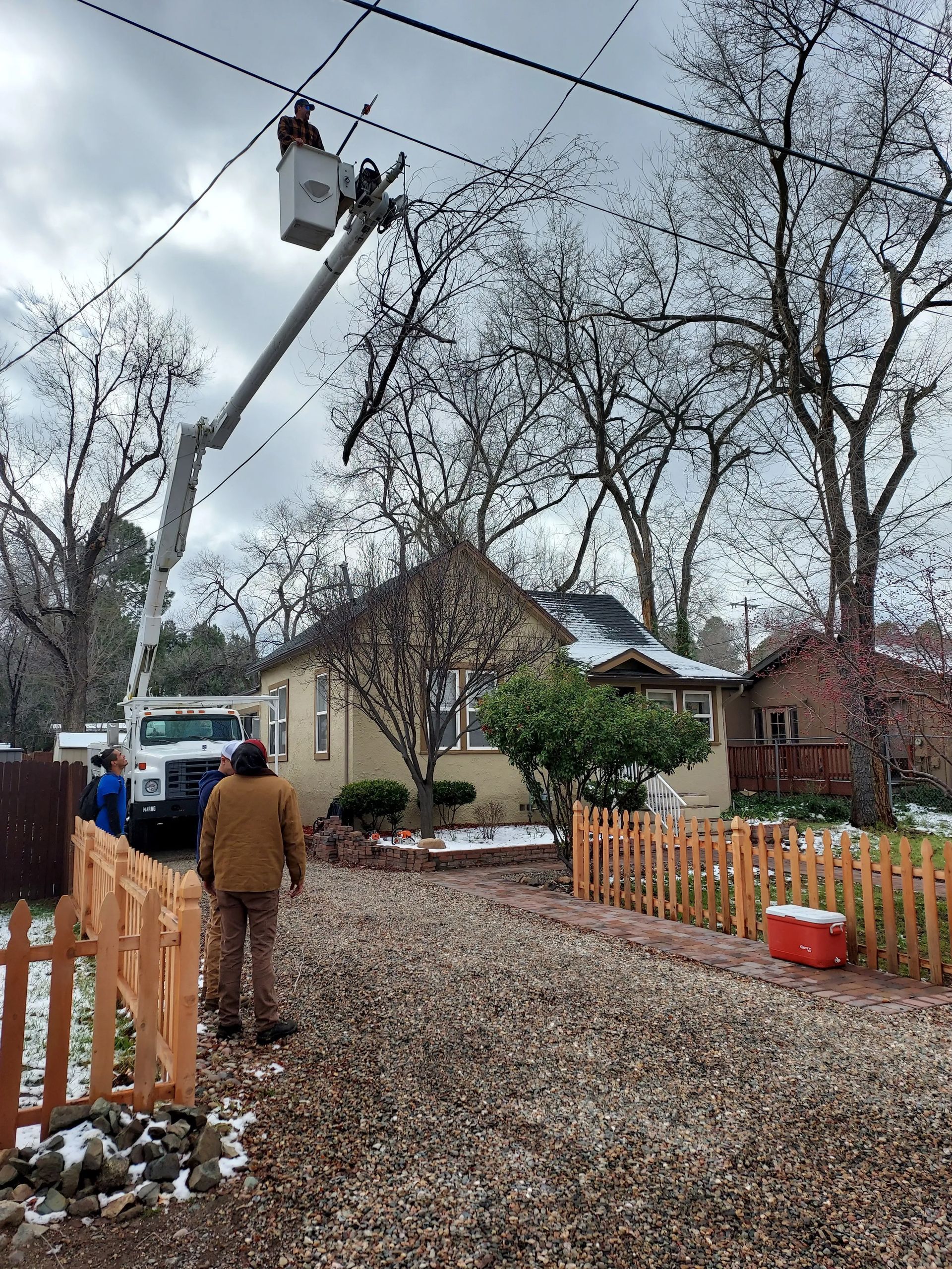 A man is standing in front of a house while a crane is cutting a tree.