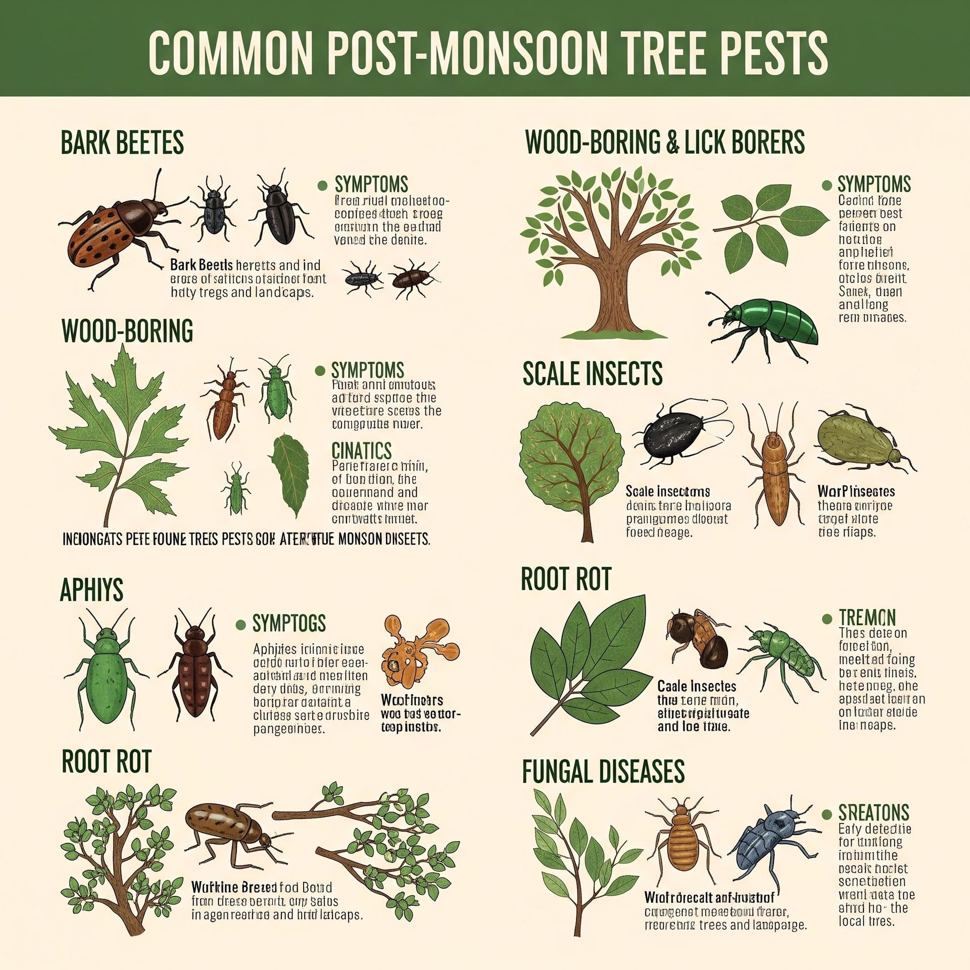 Infographic of common post-monsoon tree pests, including bark beetles, wood borers, scale insects, and fungal diseases.