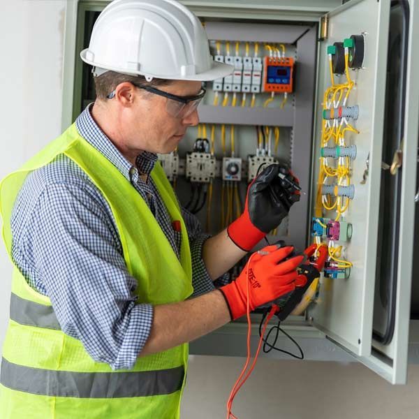 An electrician uses a multimeter to inspect wiring in an open electrical panel, wearing safety gear.
