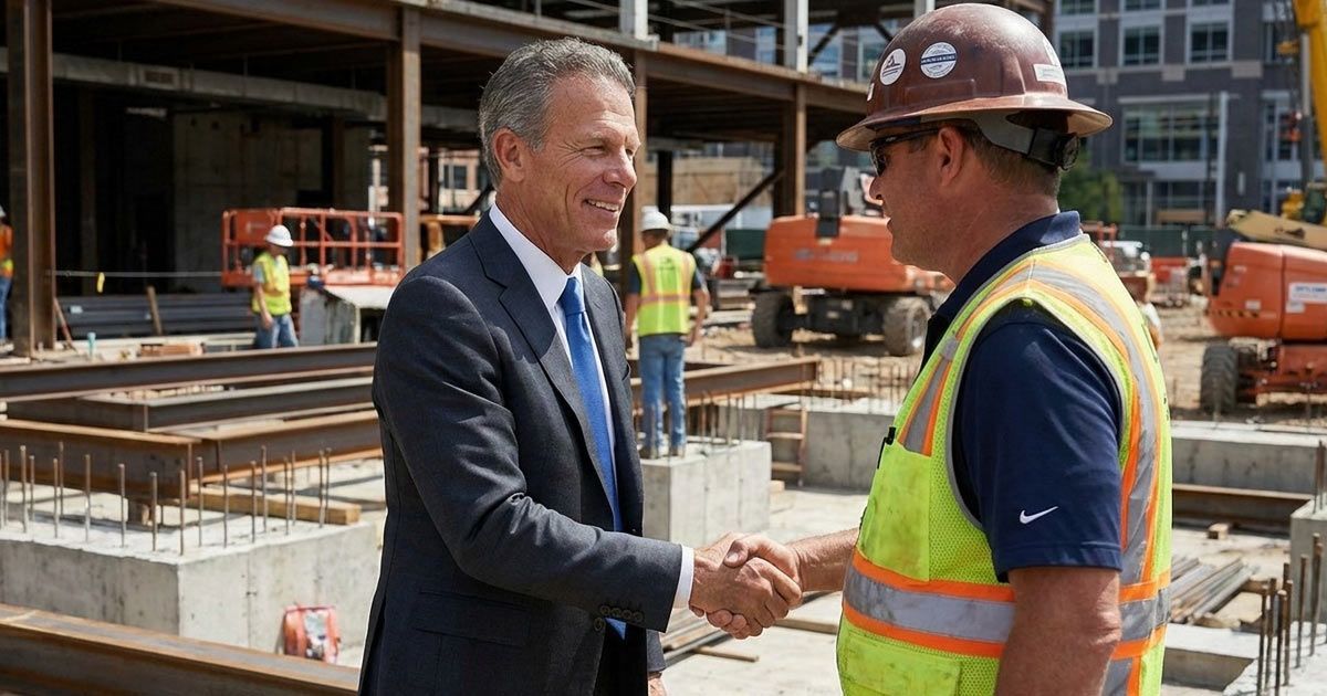 Two men shake hands at a construction site, discussing Web Design for General Contractors by Solution Web Designs