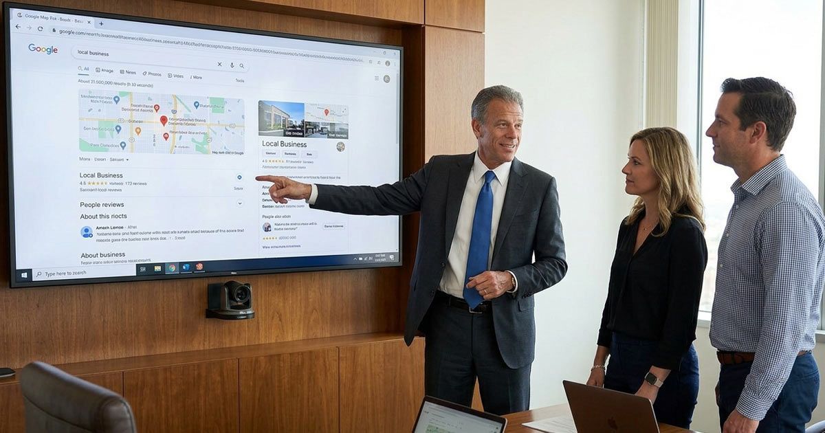Three people in a conference room reviewing a client's Google Map Pack Optimization by Solution Web Designs on a large screen
